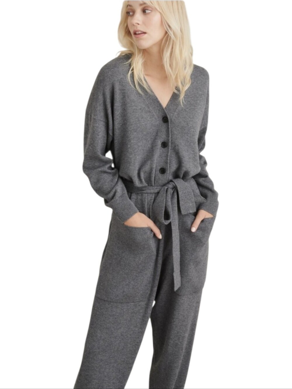 alex mill gray wool blend knit sweater jumpsuit button front tie waist size M